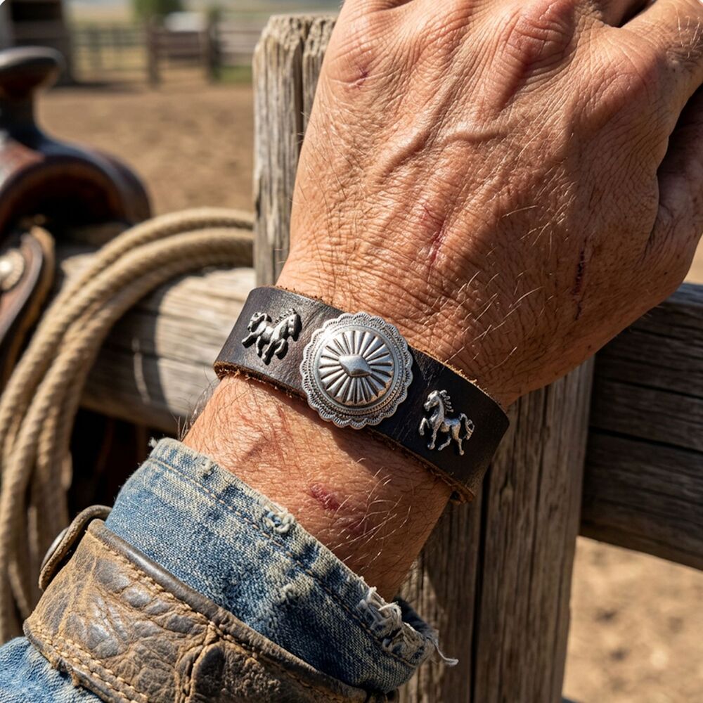 81/2 inch Leather Wristband Bracelet Silver Horses, Concho & Magnetic Clasp